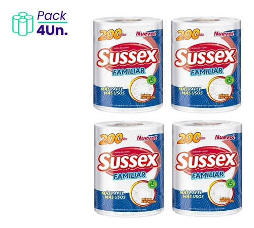 Pack X 4 Rollos De Cocina Tamaño Familiar Sussex 200 Paños