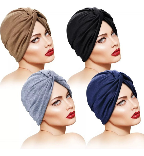 4 Turbantes Gorros Dama Mujer Oncológicos Quimio Alopecia Negro Y Azul Marino Y Gris Y Caqui