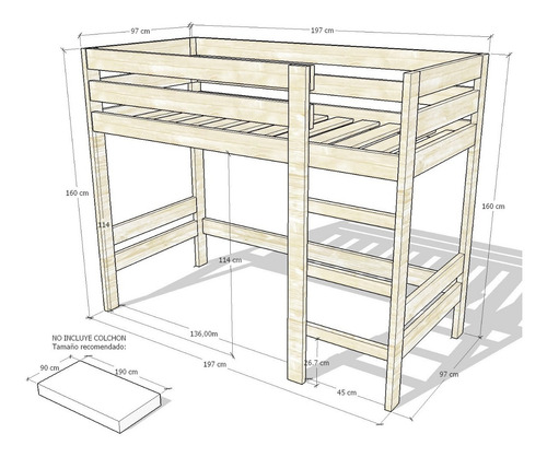 Imagen 2 de 5 de Cama Semi Alta 190 X 90 En Madera 100% Maciza Ref: Mezanine