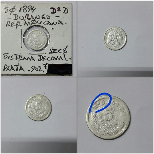 Moneda De Colección,5 Cent. 1894 Durango. D. Plata 902.7 (Usado)