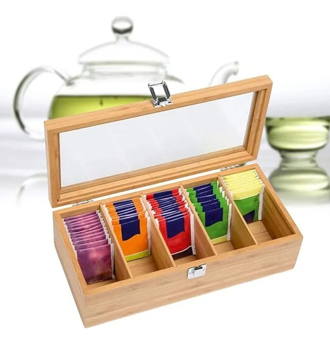Dabeh Caja De Té De Bambú, Organizador De Té Con 5 Compartimentos Desmontables, 30×10×9 Cm, Estuche Para Bolsas De Té Con Cierre De Broche, Sellado Y A Prueba De Polvo.