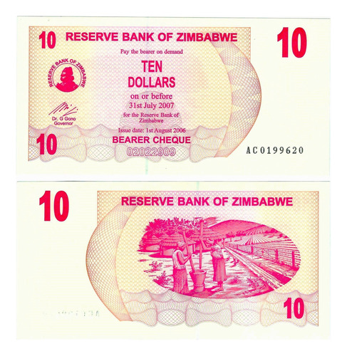 Zimbabwe - Billete 10 Dólares 2006 - Bearer Cheque - Unc