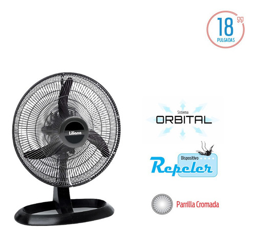 Ventilador Turbo Liliana Sistema Orbital Y Repeler Votr18 Cantidad de aspas 3 Color de la estructura Negro Color de las aspas Negro Diámetro 18 " Material de las aspas Plástico