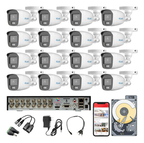 Kit Circuito Cerrado Hilook Dvr 16 Canales 16 Cámaras 1080p 2mp Audio Thc-b129-ps Video A Color Video Baluns Con Disco Duro 1tb