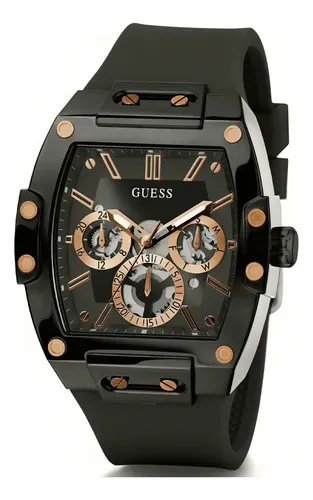 Guess Orologio Da Uomo Moda Phoenix - Cassa Tonneau 43 Mm, Quadrante Nero, Cinturino In Silicone Arancione