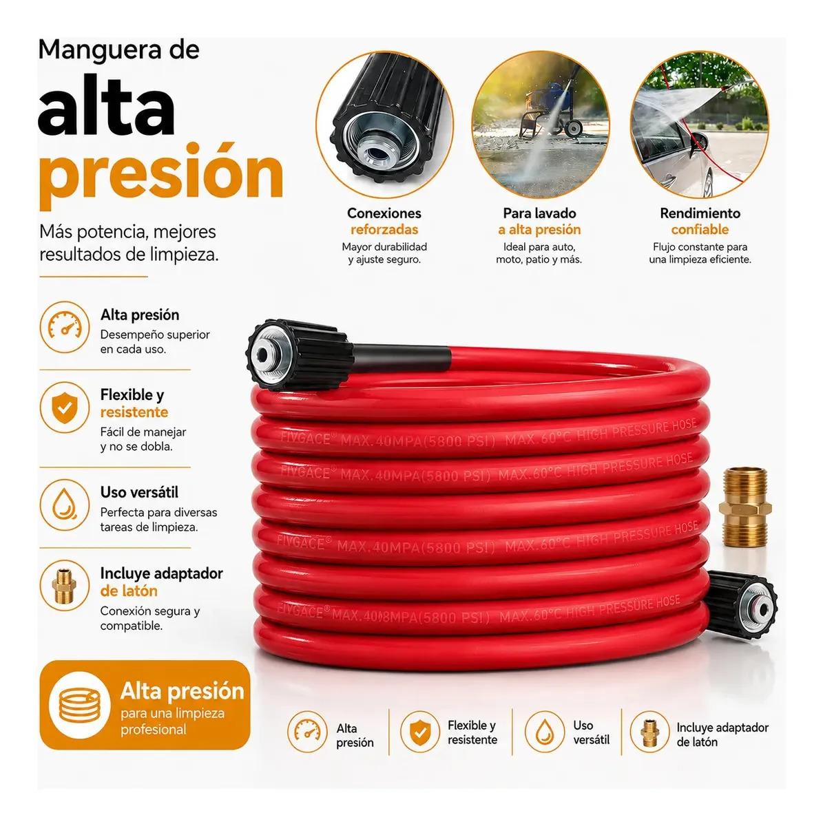 M22, 10 M, 2000 Psi, Pvc Resistant Manguera for Hydrolavadora, Easy of Install, High Pressure Resistant, Flexible,