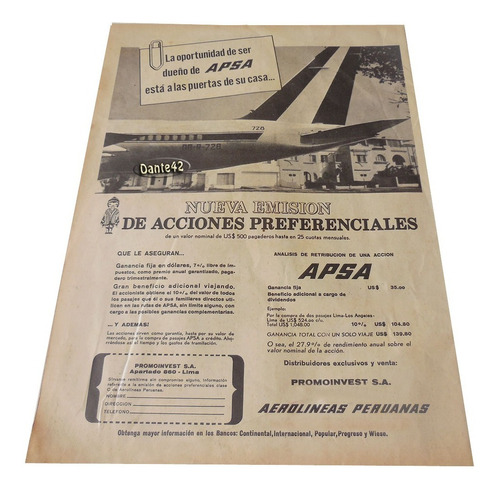 Dante42 Publicidad Antigua Aerolinea Peruana Apsa 1965 1969