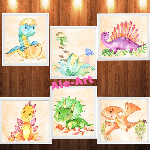 Set 6 Laminas Impresas Dinosaurios Bebes En Acuarela