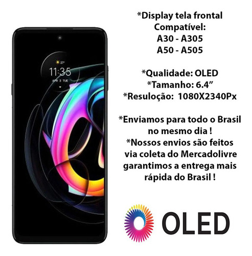 Sjpm Frontal Display Tela Compatível A50 A505 Oled Com Aro