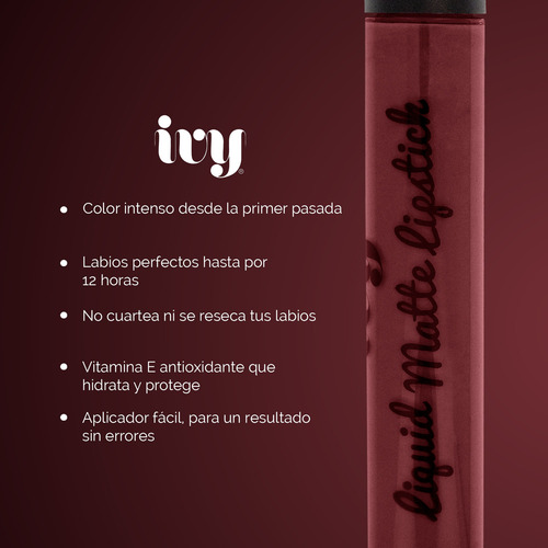 Labial Liquido Mate Indeleble Ivy Larga Duracion Napa Hue