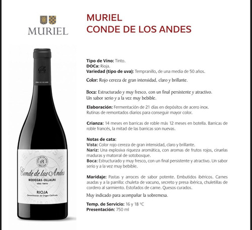 Vino Tinto 750 Ml Premium 6pzs Muriel Conde De Andes Rioja
