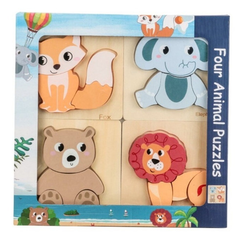 Pack 4 Puzzle Animales Transportes Madera Montessori Kb-106