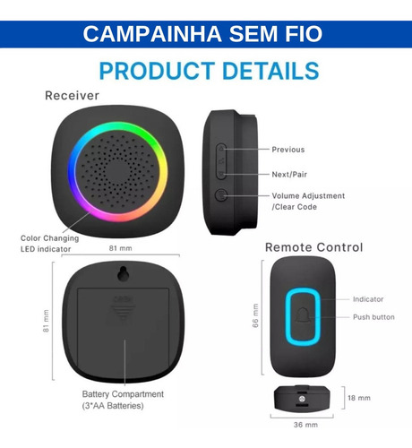Campainha Residencial Sem Fio Wireless Longo Alcance 300m