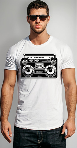 Polera Blanca Estampada Algodon Tx - Radio Retro Stereo Arte