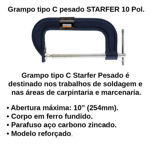 Kit 4 Grampos Tipo C Marceneiro Pesado 10 Polegadas Starfer