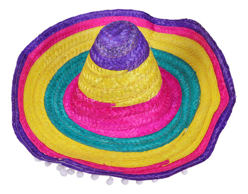 Colorido Sombrero De Paja Mexicano Con Bolas De Peluche Para