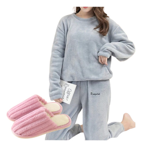 Conjunto Pijama Polar Mujer Pijama Invierno + Pantuflas