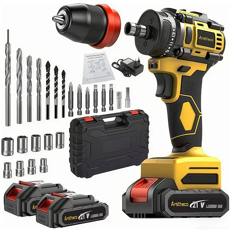 Parafusadeira Furadeira 3/8 21v 2 Baterias Com Maleta E Acessórios Completo Brushless 85nm Arstheco