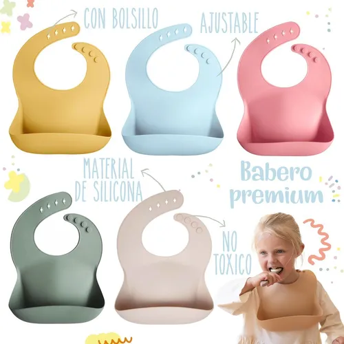 Babero De Silicona Premium Liso Con Bolsillo Regulable Bebe