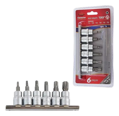 Jg Soquetes Bits Torx Curto 3/8 T15 A T55 - Corneta 6 Peças