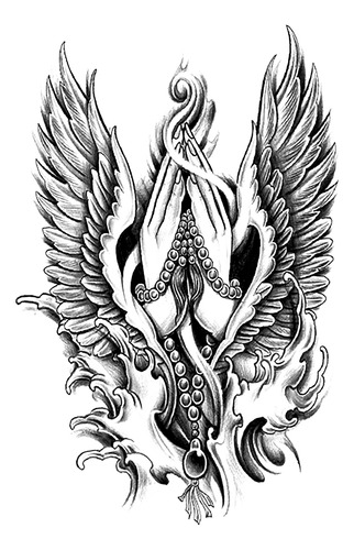 Tatuagem Temporária - Assas Arcanjo Mãos Fé Terço - Unissex
