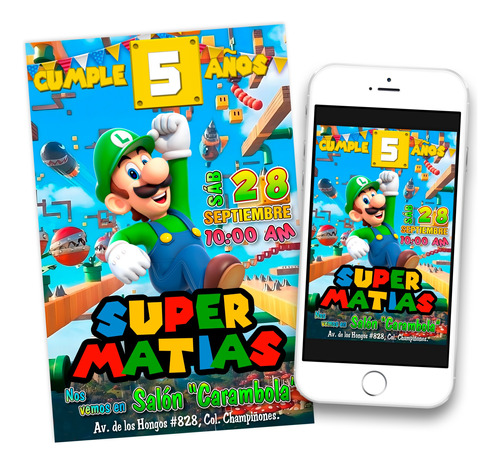 Invitación Digital Luigi Mario Bros Imprimible Whatsapp