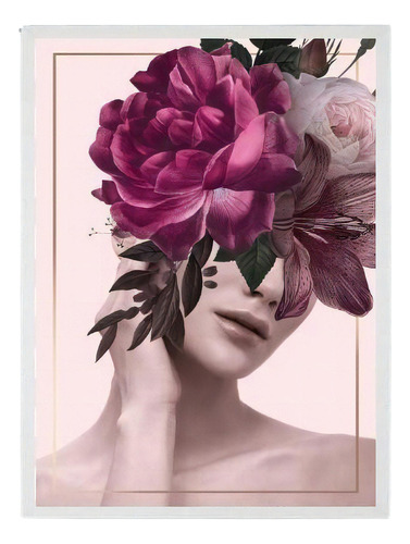 Quadro Fotografia Mullher E Flores Moldura Branca 24x18cm