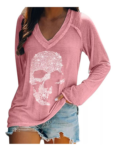 Blusa Mujer Cuello Pico Estampado Calavera Manga Larga