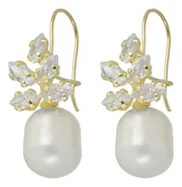 Comprar Arete Oro Sólido 10k Penacho Zirconias Con Perla Mallorca 