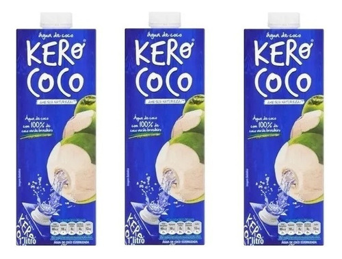 Kit Com 3 Água De Coco Esterilizada Kero Coco Caixa 1 Litros