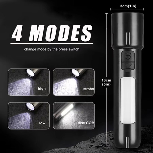 Linterna Led, 4 Modos De Luz, Linterna Con Luz Lateral Cob