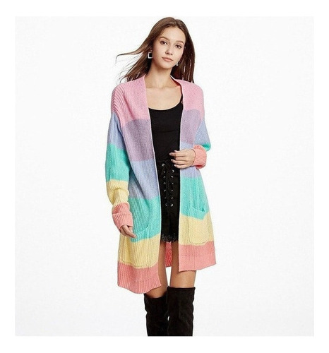 Chamarra Sueter Arcoiris Cardigan Largo Moda Mujer