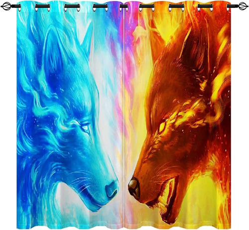 Fire Ice Art Wolf Cortina 3d Estampada Opaca Ojal Para Sala