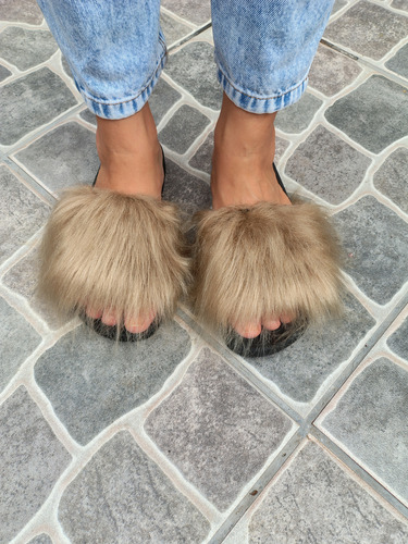 Chanclas Chinelas Peludas Beige Piel Sintética Pelo Largo