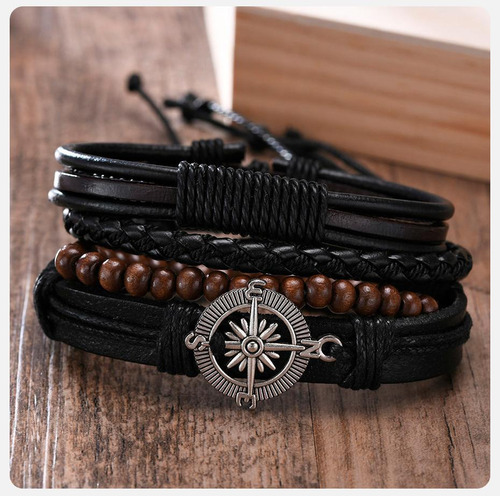 Kit Pulseiras Masculinas Couro + Colar Flecha