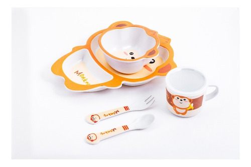 Platos, Taza Con Tapa Y Cubiertos 100% De Bambú Para Bebé Color Monkey