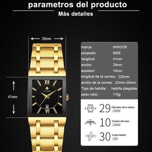 Relógios De Aço Inoxidável Wwoor Square Quartz Business Cor Do Fundo Dourado/preto