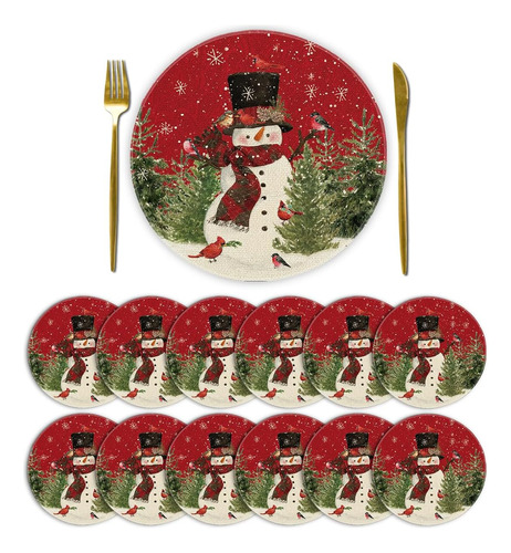 12 Mantel Individual Redondo Arboles Navidad Muñeco Nieve