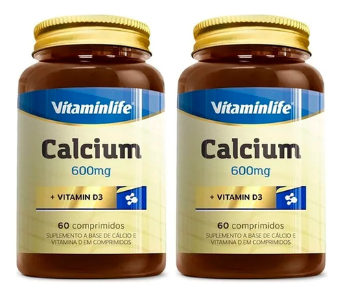 2x Cálcio Calcium 600mg C/ Vit D3 60 Comprimidos Vitaminlife Sabor Sem Sabor