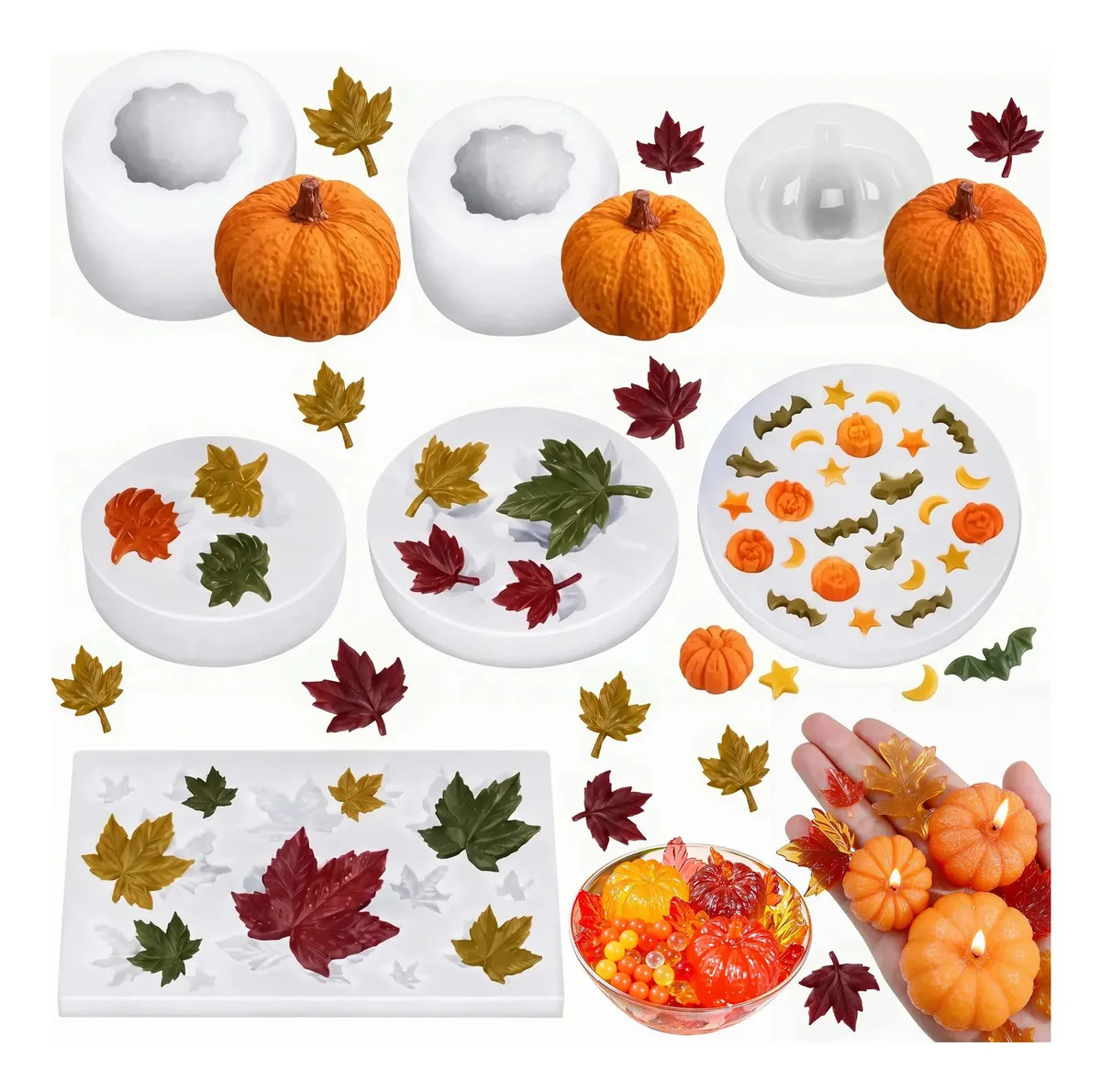 SENQAO 7pzs Moldes Calabaza Halloween,3d,Moldes Resina Silicona,Con Calabaza Arce Fantasma Lunas Y Estrellas,Para Halloween,Acción Gracias,Dulces,Pasteles, Velas,Cera De Jabón, Res