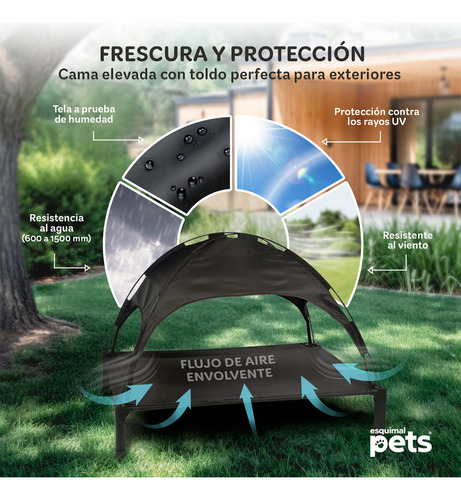 Cama Elevada Para Perro Con Toldo Impermeable Y Malla Transpirable Ideal En Calor, Catre De Mascotas Esquimal Pets, Negro, 106x76x88cm