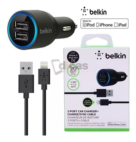 Cargador para carro y Cable iPhone/iPad 5 y 6 Belkin Características:  *Incluye: 1 Cargador para carro y 1 cable Lightning a…