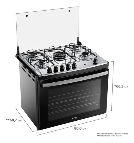 Fogão 5 Bocas De Embutir Dako Supreme Com Mesa De Inox E Tampa De Vidro Na Cor Preta Bivolt
