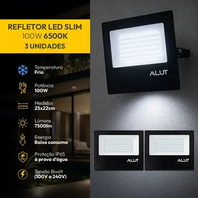 Kit 3 Refletor Led 100w 6500k Branco Frio A Prova D'água Alut Cod: Alut000701-3 Alut By Avant