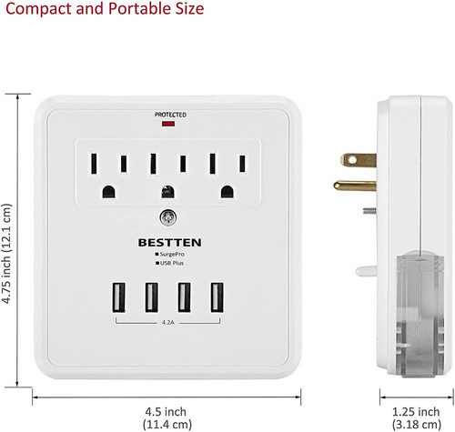 Protector De Voltaje Bessten 3 Tomas 4usb Supresor De Pico
