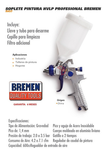Imagen 4 de 5 de Pistola Pintar Soplete Por Gravedad Hvlp Bremen Cod. 5937 Dgm