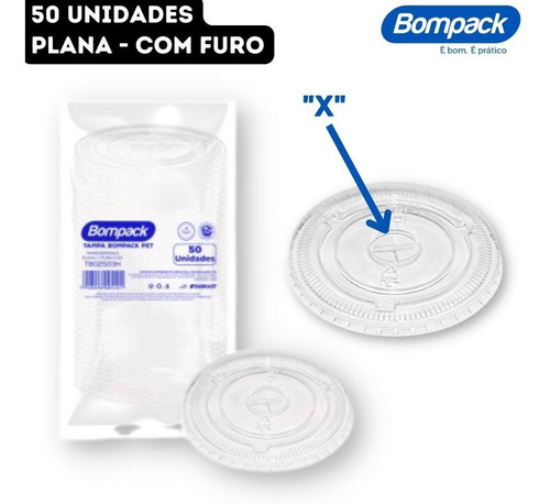 50un Tampa Plana Reta Flat Com Furo X Copo Bolha Bompack