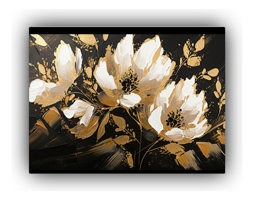 90x60cm Cuadro Movimiento Creatividad Flores En Oro Y Negro