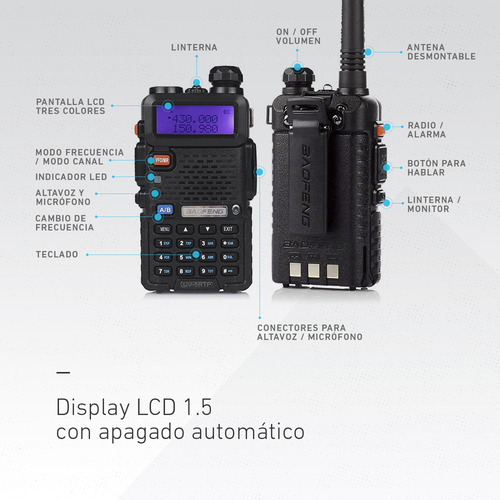 Rádio Biband Baofeng UV5r 8w Biband Walkie Talkie para 2 rádios VHF UHF de cor preta Tipo de frequência UHF/VHF