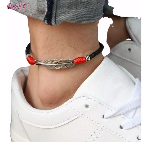Pulsera Tobillera Pluma Suerte Para Hombre O Mujer Tejida Color Rojo Diámetro 20 Cm Largo 10 Cm
